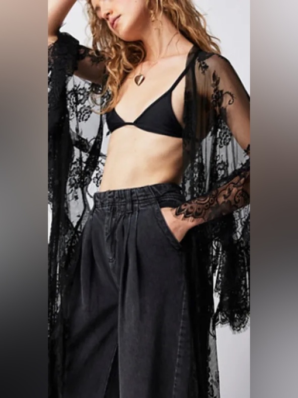 Free People x Muche Muchette Barbara Sheer Lace Kimono in Black